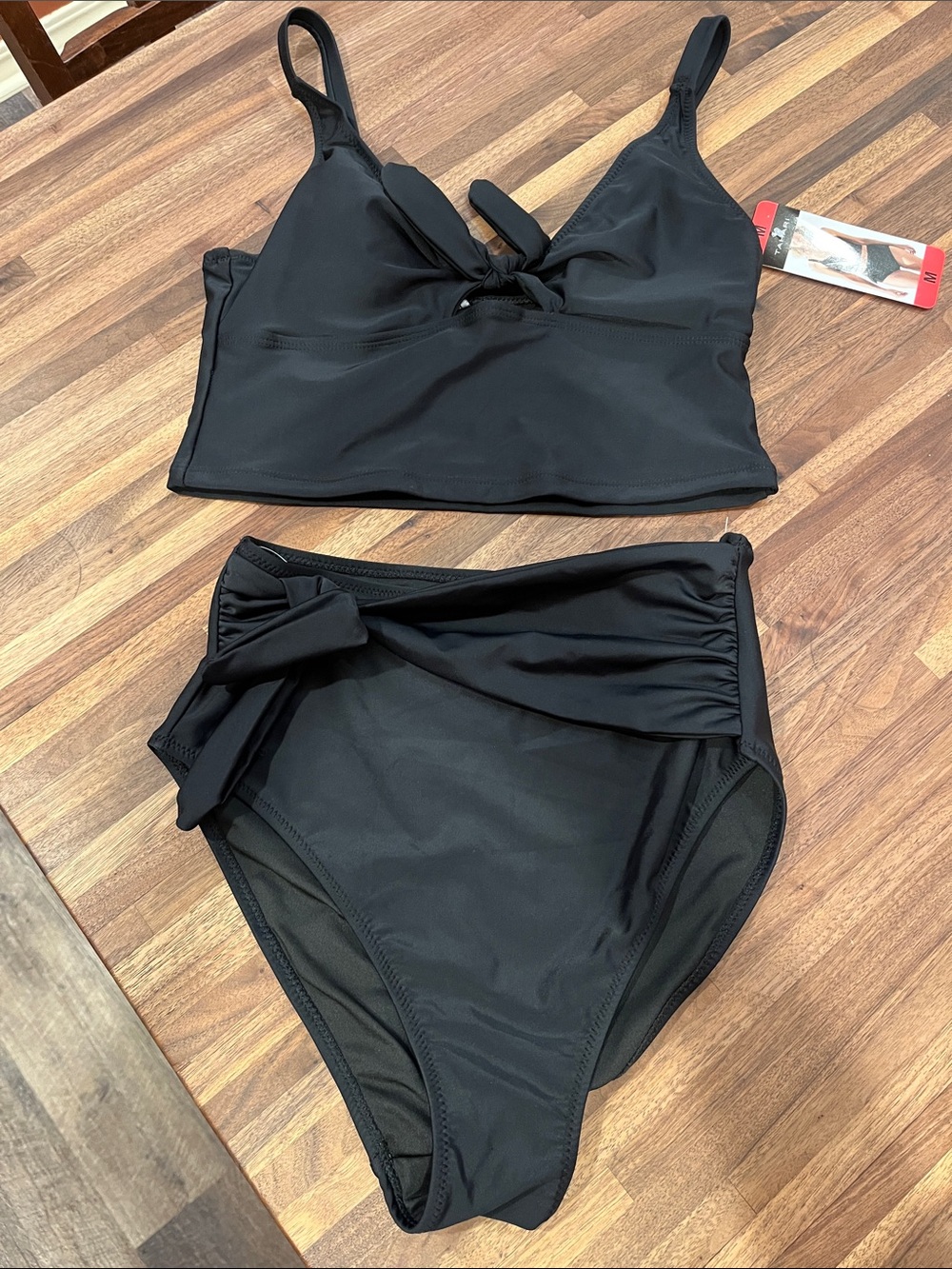 Tahari Black Two-Piece Tankini Swim Set with High-Waist Bottoms